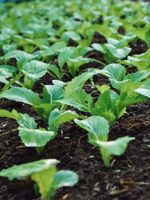 Preview: Close up of organic green vegetable growing on the black soil