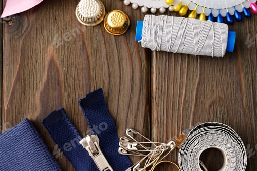 Preview: Threads and sewing accessories on brown wooden table