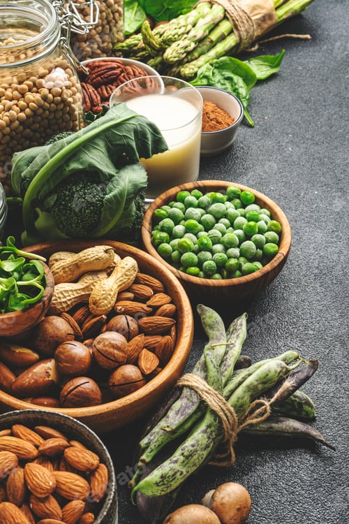 Preview: Vegan protein. Full set of plant based vegetarian food sources. Healthy eating, diet ingredients