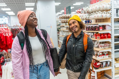 Preview: Happy multiracial couple laughing enjoying shopping together