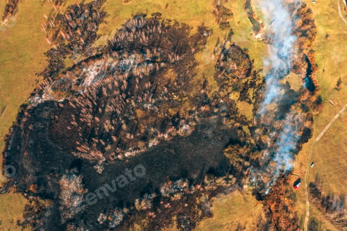 Preview: Concept Of Save Nature. Nature In Danger. Wild Open Fire Destroys Grass. Natural Disaster. Aerial