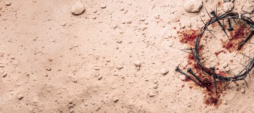 Preview: Crown of thorns and bloody nails on ground. Good Friday, Passion of Jesus Christ. Christian Easter