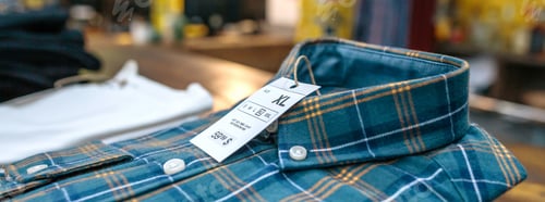 Preview: Detail of label with price and size over a blue plaid shirt on industrial style store