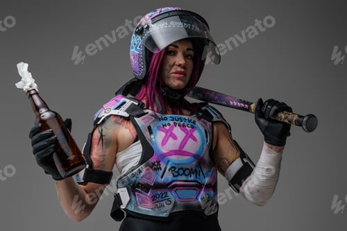 Preview: Stylish woman activist with molotov cocktail and baseball bat