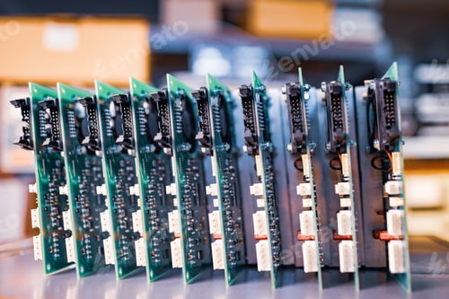 Preview: Close-up electric green embedded microcircuits in production