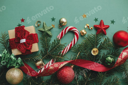 Preview: Modern Christmas banner. Stylish christmas border with festive decorations flat lay