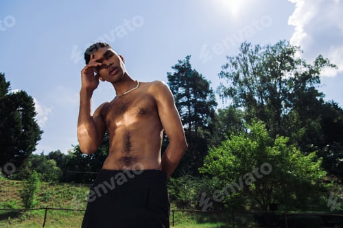 Preview: shirtless african american man covering face with hand while posing in sunny park