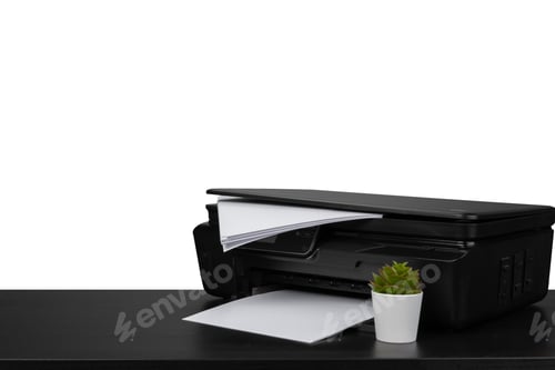 Preview: Laser home printer on table against white backgorund