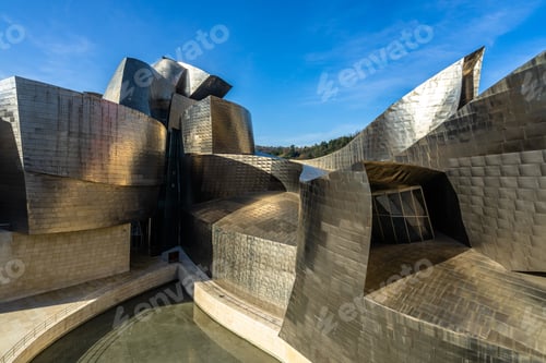 Preview: A closeup view of Guggenheim Museum's modern facade in Bilbao Spain