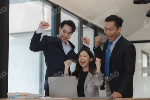 Preview: A group of businessperson are delighted that their work has been a great success, A group of employe
