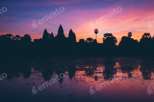 Preview: Bright sunset sky over temple and lake