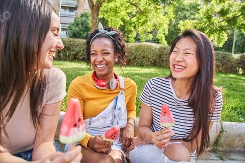 Preview: Three young multi-ethnic nice women having fun holding ice cream sitting outdoor in summer park.