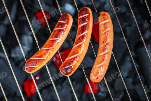 Preview: Grilled Meat Sausages, Charcoal Bbq Menu Concept. Food Background. Top View Copy Space For Text