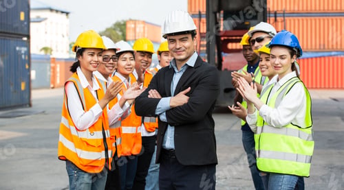 Preview: Group of construction worker applauding to manager for success work