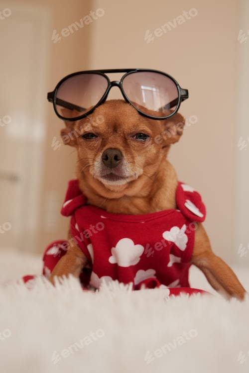 Preview: Funny dog in sun glasses and in red dress