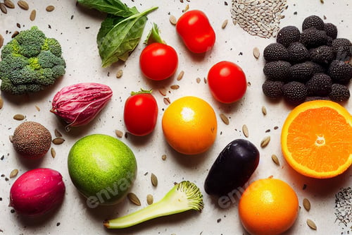 Preview: Fresh vegetables on the white cement marble table.Farming and healthy food concept. Copy space. Flat