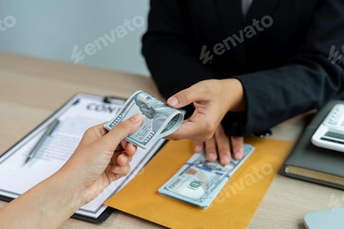 Preview: A female accountant or a business woman is giving a male businessman a bribe. And he agreed to recei