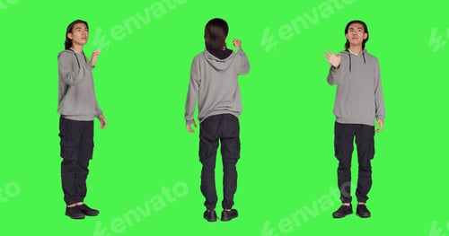 Preview: Male model looks at hologram icon