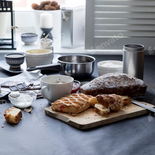 Preview: Apple strudel, chocolate, cake and ingredients on kitchen table