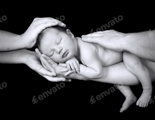 Preview: Newborn Caucasian baby boy sleeping with father and mother hands isolated on black background