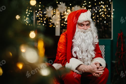 Preview: Santa claus sitting and waiting for christmas in a decorated room