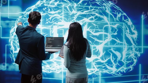 Preview: High tech workspace colleagues using AI system, doing brainstorming