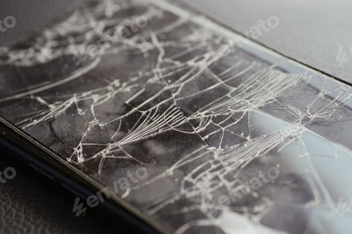 Preview: Top view of broken smart phone on color background