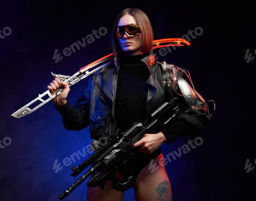 Preview: Female killer with sword and rifle in colourful and dark background
