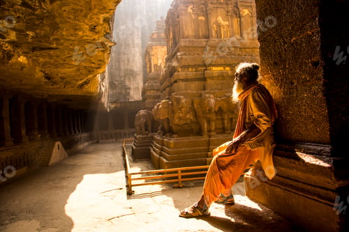 Preview: Hindu Sadhu the holy men visiting the Kailasa Temple, Ellora caves, UNESCO world heritage side.