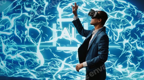 Preview: System administrator wearing VR headset looking at hologram