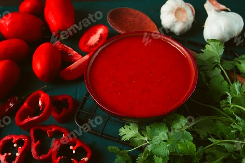 Preview: Tomato sauce, tomatoes and sweet pepper, Georgian Satsebeli sauce,with ingredients
