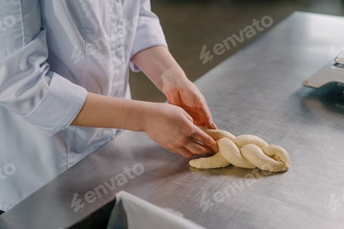 Preview: baker forms a braid from raw dough in the kitchen professional kitchen bakery production of pastries