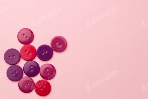 Preview: Plastic buttons on pink pastel background top view