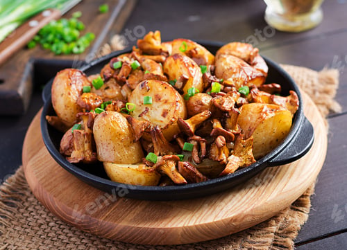 Preview: Baked potatoes with garlic, herbs and fried chanterelles in a cast iron skillet.