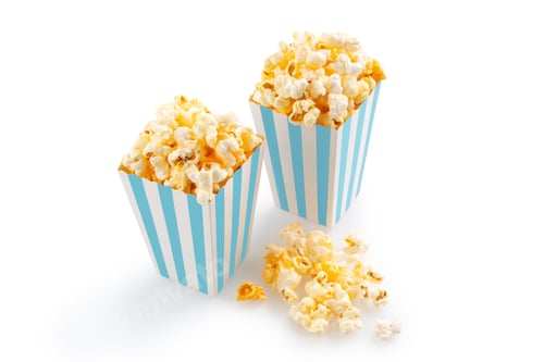 Preview: Two Blue White Striped Carton Buckets With Tasty Cheese Popcorn, Isolated On White Background