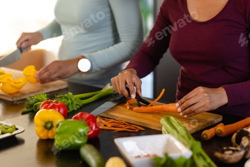 Preview: Mid section of biracial lesbian couple chopping vegetables in kitchen