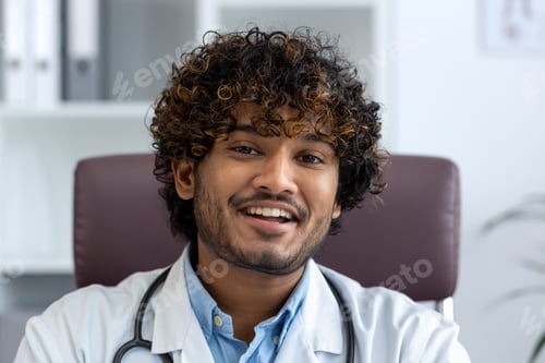 Preview: Close-up portrait of doctor inside clinic at workplace, man in white medical coat smiling looking