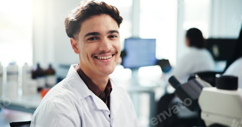 Preview: Portrait, man and scientist with microscope in lab for medical research, experiment and about us. S