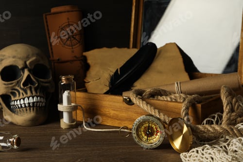 Preview: Columbus Day. Skull with a compass on the table