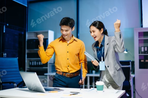 Preview: Asian business colleagues celebrating success in modern office, teamwork achievement,