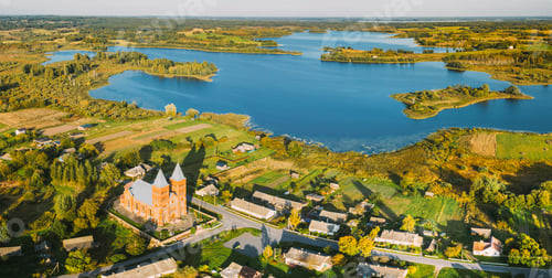 Preview: Ikazn, Braslaw District, Vitebsk Voblast, Belarus. Aerial View Of Church of the Body of God