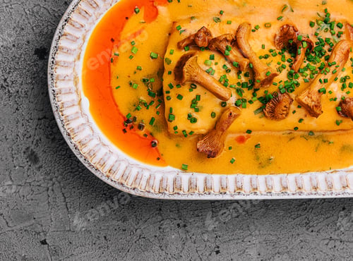 Preview: lasagna with chanterelle mushrooms in yellow sauce