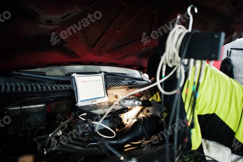 Preview: Auto mechanic sets american SUV car for diagnostics and configuration in workshop service station..