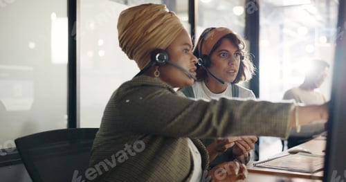 Preview: Call center, training and black woman coaching recruit at customer service agency in Africa. Divers