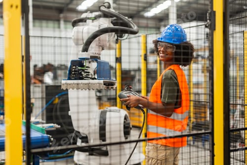 Preview: Female engineer programming a robotic arm in a modern factory