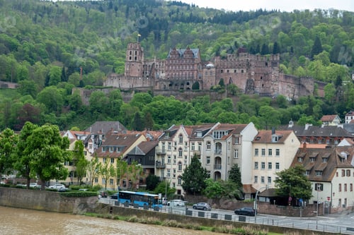 Preview: Germany, aerial drone view of Heidelberg city next to Neckar river. Schloss Heidelberg, palace.