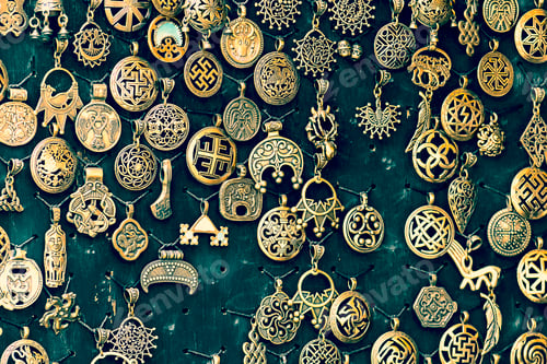 Preview: Pendants are handmade medallions on stand. Crimea, Sudak - 10 October 2020.