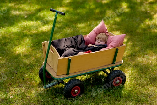 Preview: Child napping peacefully in a wooden wagon on a lush green lawn with pillows and a blanket.