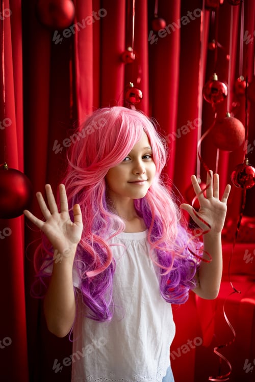 Preview: Vanilla Girl. Kawaii vibes. Little girl with pink hair have party on red Christmas background