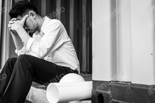 Preview: Young asian engineer suffering stress working at construction site. Black and White tone